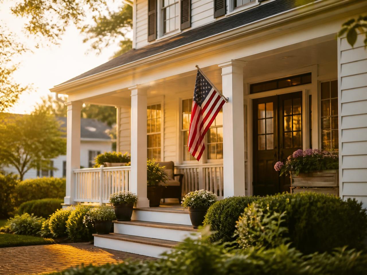 An American home at golden hour with a small flag on the front porch